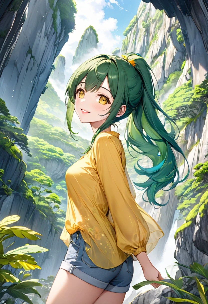 (sightseeing style) (enjoy walking), (looking up, solo:2, 15 yo), (beautiful ponytail) (glossy beautiful green hair long hair) (beautiful cute girl), (glossy lip, happy smile, best beauty yellow eyes), (medium tits), in a casual yellow tropical blouse, short pants, break, in the Valley of Gangara in Okinawa, background okd Stalactites with double exposure Mysterious, BREAK, perfect anatomy, masterpiece, best quality, 16k, beautiful detailed grow, daydreaming expression.