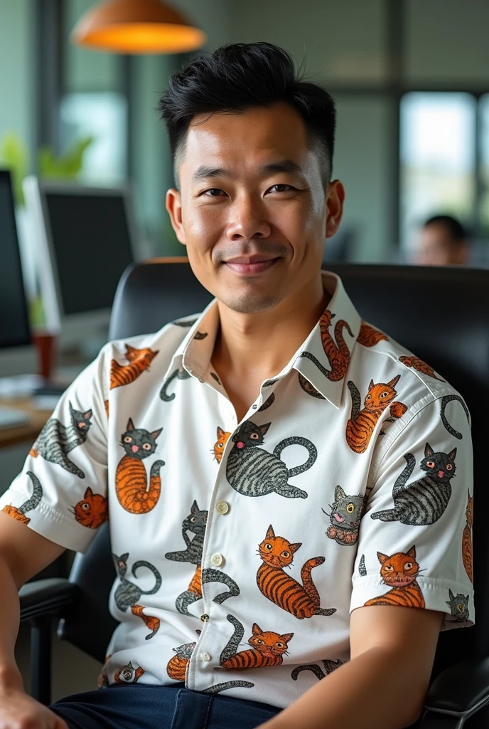 A 40-year-old Thai man with a high crew cut, medium skin tone, not white, not black, wearing a white shirt with a fantasy cat pattern, sitting in an office chair with a computer on the table.