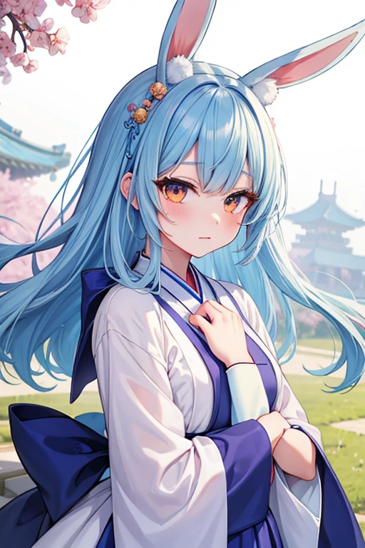 Rabbit_girl, Rabbit_ears, Blue_hair, Orange_eyes, Hanbok, Korean_Palace_Background