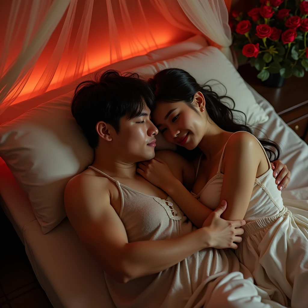 Indonesian couple. The man is a normal body wearing simple pajamas. With The woman is a little chubby and huge breasted, wearing sleeveless knee-nght nightgown. The luxurious bedroom is decorated with red roses and a mosquito net with neon backlight as a background detail, lying on the pillow while hugging each other in the cold. Look at the viewer, natural light, realistic photography, wide angle shot from top.