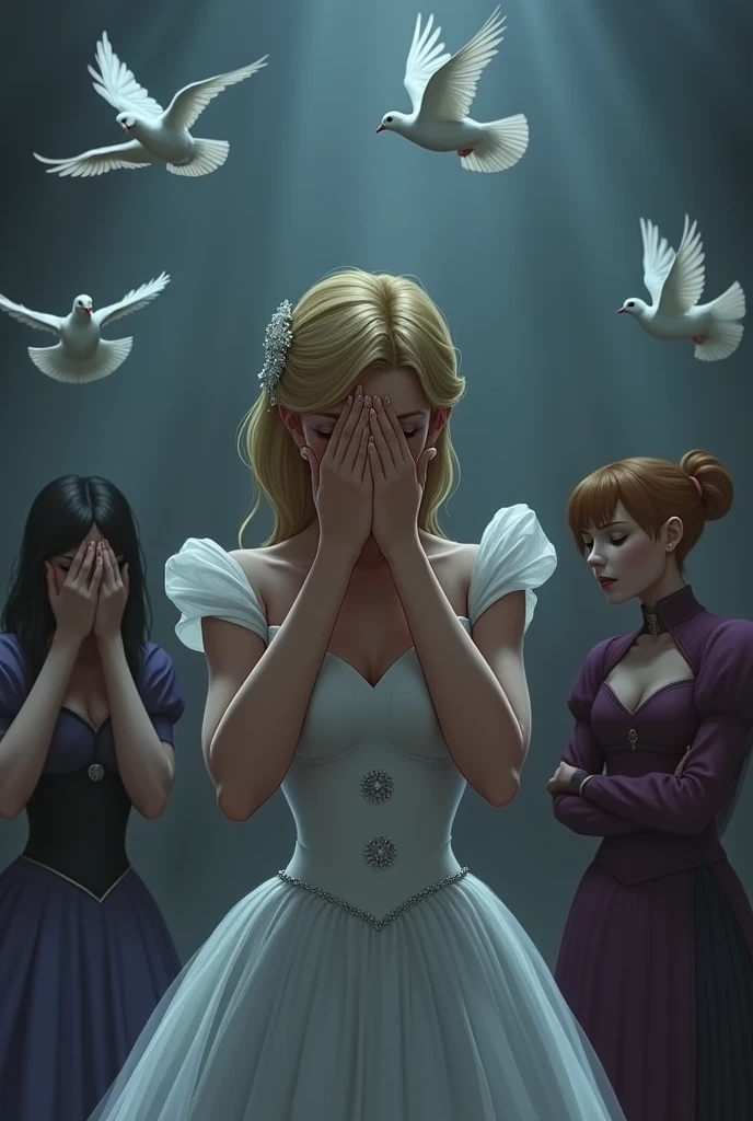 The aftermath of the wedding where Cinderella’s stepsisters stand in the background, covering their eyes in sorrow, while white doves fly away into the sky. The scene is somber, with a sense of justice served without being overly graphic