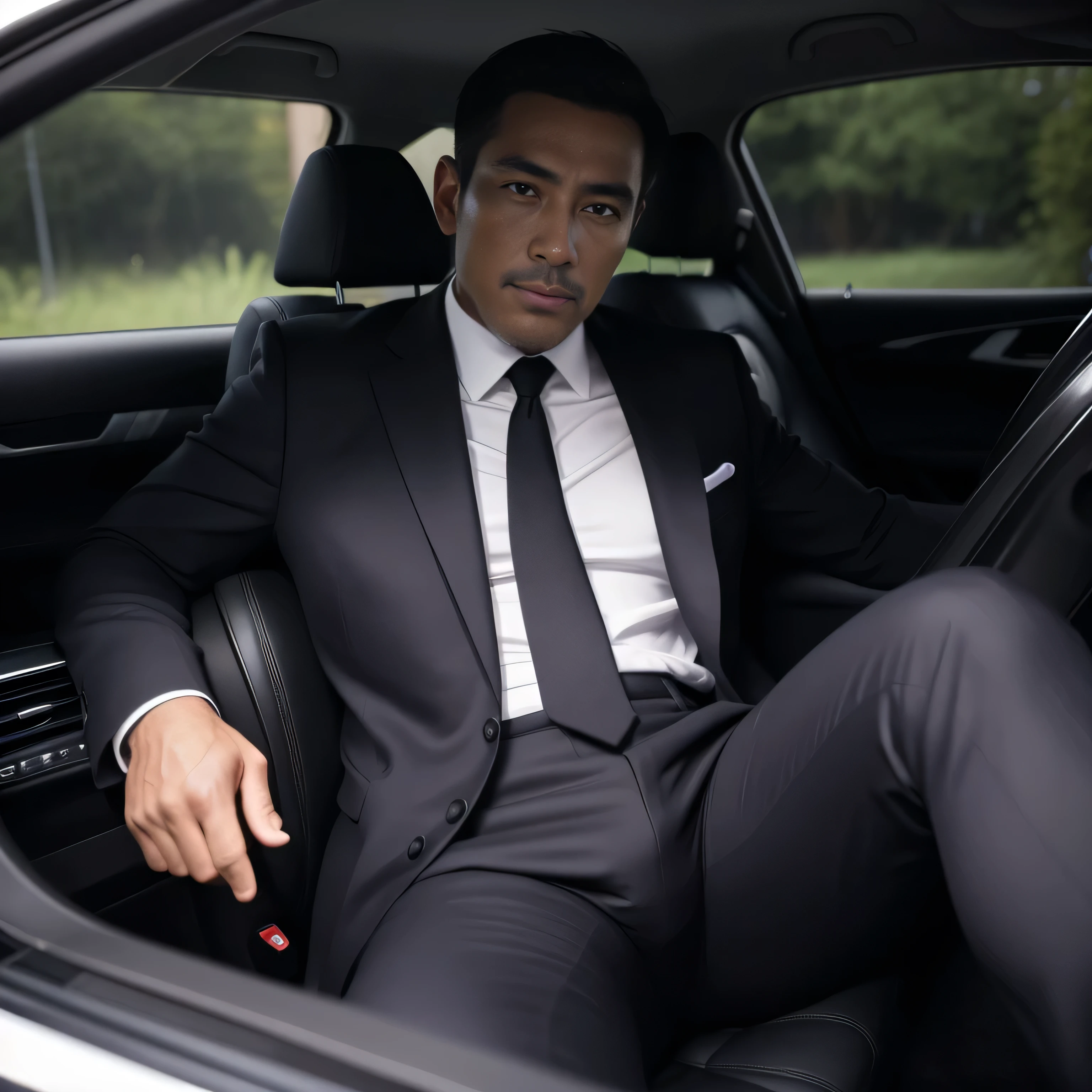 50 years old,One Man,Black Suit,Inside the car、squat、Tall dark-skinned man、Dark Asian face,muscle,Gay ,7:3 parting / all back,Stubble、Sitting with legs open、erection、The crotch area is bulging、Stubble,Asian man&#39;s face,Hermes Belt。Black socks、View from the front