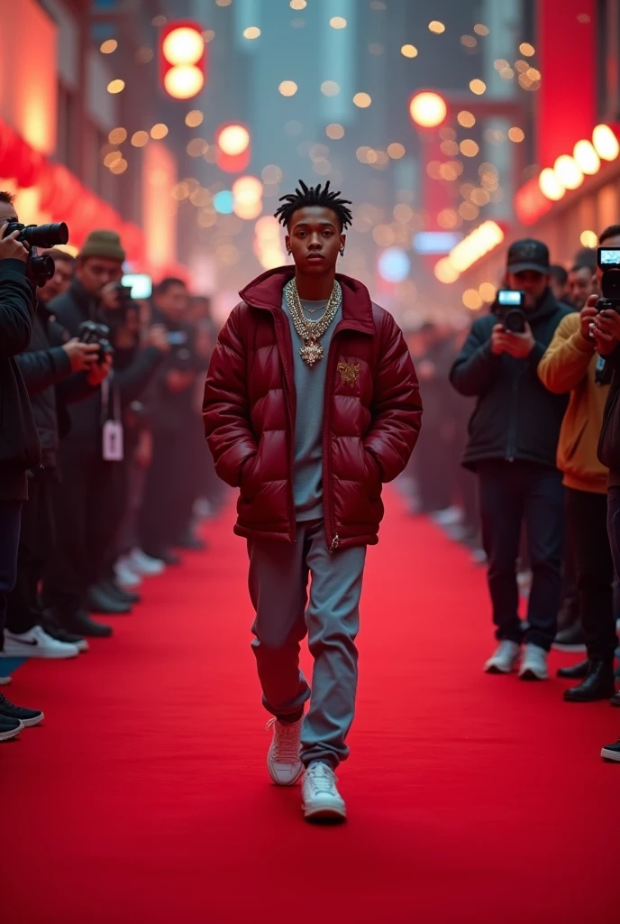 18 year old rapper very light skinned walks on the read carpet with too many cameramen surrounding him