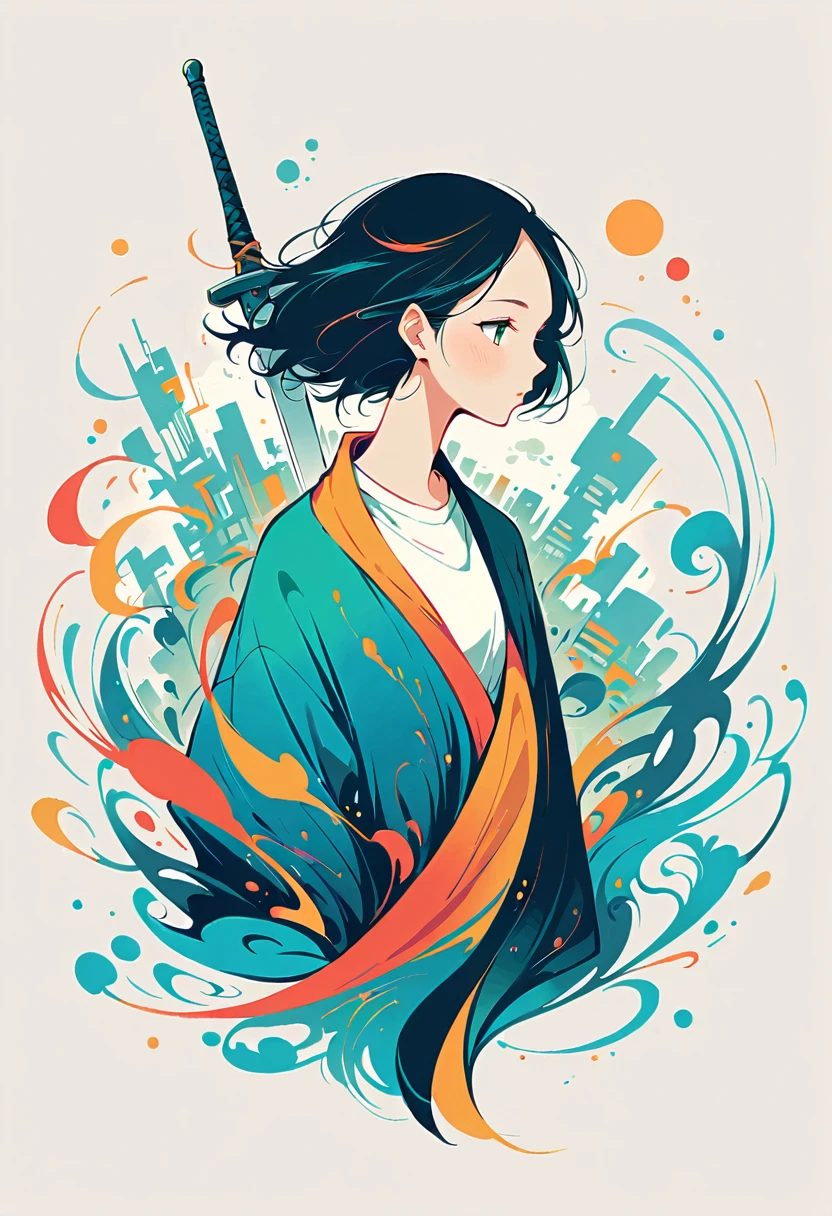 Girl with a sword，Simple lines，Minimalism，Abstract Art，City background