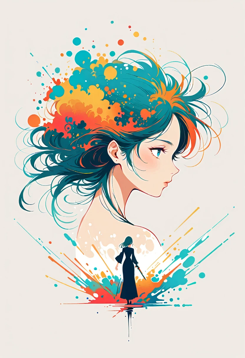 Girl with a sword,Simple lines,Minimalism,Abstract Art,City background