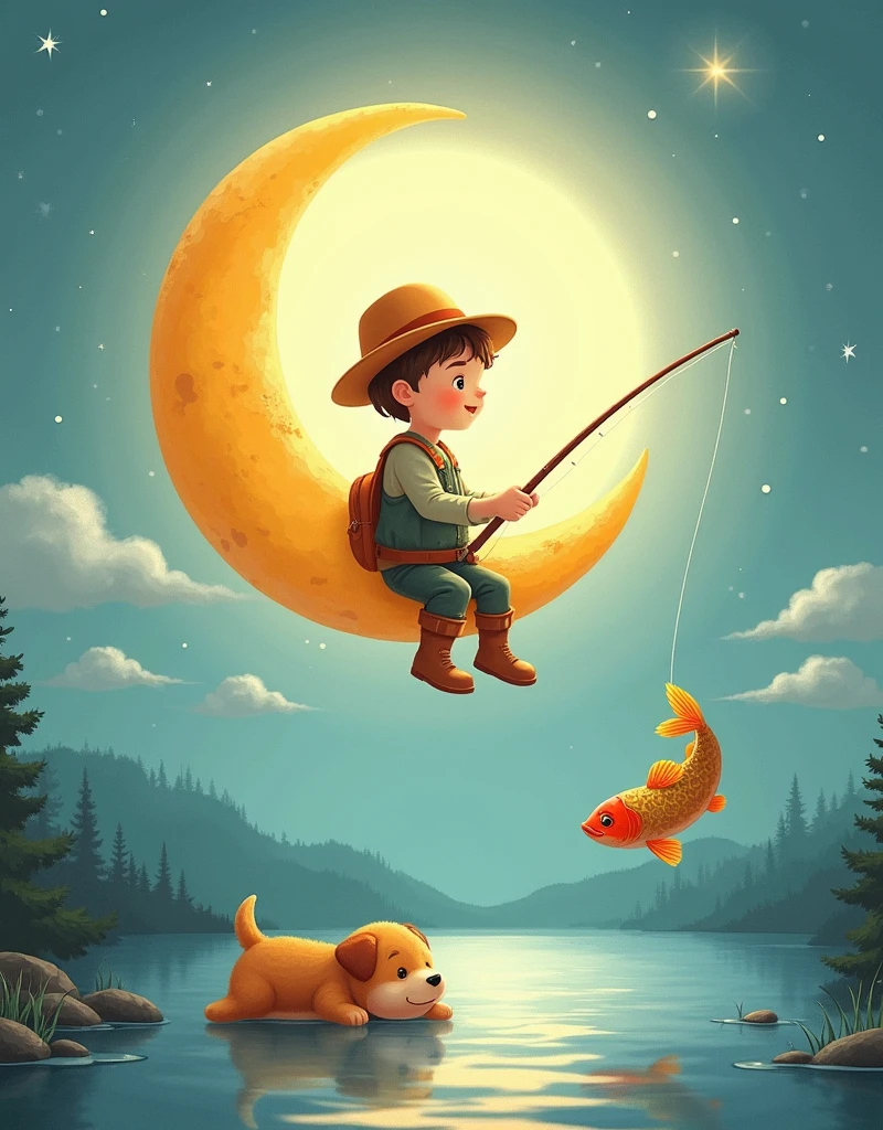 illustration，1 cute little fisherman，Sitting on the moon，Hand holding a fishing rod for fishing，(A carp took the hook:1.3)，There is a puppy lying at my feet，There is a calm lake at the bottom of the picture，Beautiful bright colors，Fairytale pictures，Light background，watercolor，draw，material，Country fields，Childhood，nostalgia，，Take you into the painting，治愈系illustration，Intricate details，Create a dreamy、Almost surreal atmosphere，((((8k，Bright colors，Bright，Ultra high saturation，RGB color, Colorful))))，(High contrast:1.5)，(whole body:1.8), magazine photography，Popular on social platforms，((Dopamineism))，(((Dopamine color matching)))，Dopamine，(in the style of Y2K)，Luo Erchun，Three-dimensional ancient style，Oriental poetry and painting