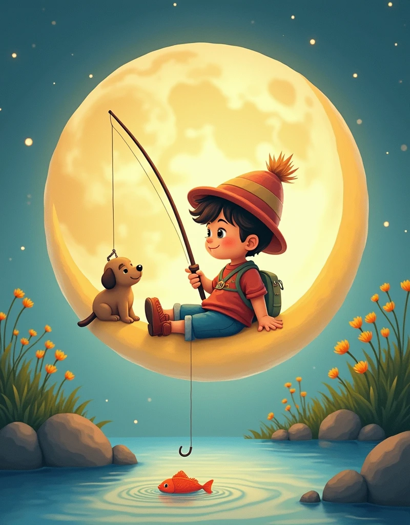 illustration，1 cute little fisherman，Sitting on the moon，Hand holding a fishing rod for fishing，(A carp took the hook:1.3)，There is a puppy lying at my feet，There is a calm lake at the bottom of the picture，Beautiful bright colors，Fairytale pictures，Light background