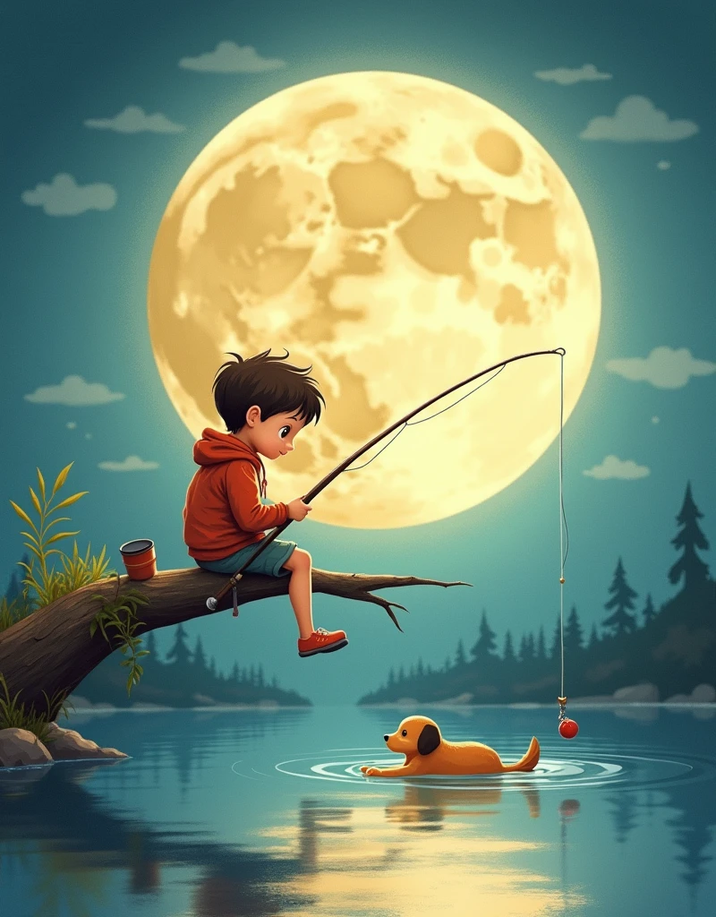 illustration，1 cute little fisherman，Sitting on the moon，Hand holding a fishing rod for fishing，(A carp took the hook:1.3)，There is a puppy lying at my feet，There is a calm lake at the bottom of the picture，Beautiful bright colors，Fairytale pictures，Light background