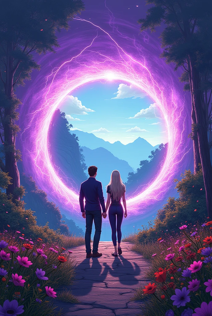 Style dessin
Journée ensoleillée,
Un homme et une femme aux cheveux longs et clairs, d'une vingtaine d'années se trouvent au millieu d'une grande clairière fleurie entourée d'une jungle epaisse. de dos et se tenant par la main, en tenue futuriste ils franchissent un vortex interdimensionnel circulaire tourbillonnant, la circonférence de ce vortex est faite d'énergie crépitante et electrisée, elle émet une lueur violacée. Ce vortex se trouve face à eux, touchant le sol à quelques mètres. Au travers de ce vortex on aperçoit un sentier surplombant une vallée luxuriante. 