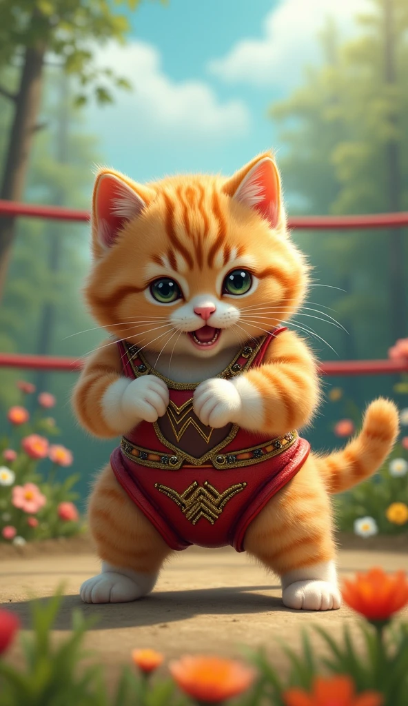 cute cat pro wrestler, Clear picture quality, eight,Short and cute legs, During a professional wrestling match, fantasy meadow background, sharp eyes