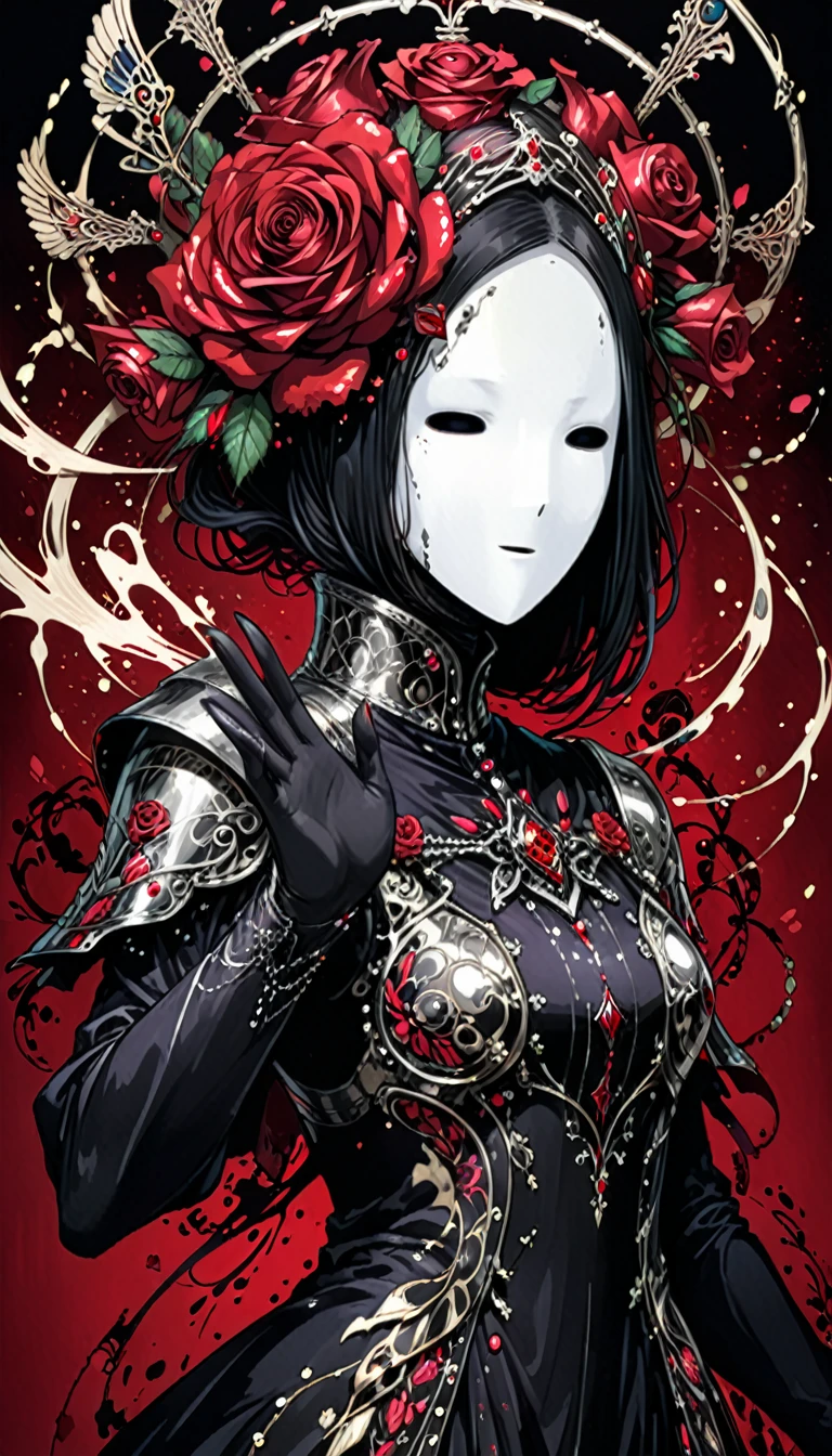 in style of Harry Clarke,character concept design,half body, (ROSE HEAD:1.5) (no face:2.0) paladin,angry,crazy smile,fighting pose,Magic Effects,Metallic details,Red tone,Unknown background,perfect hands,Core Art,The art of spray painting,Splash Art