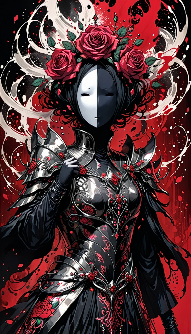 in style of Harry Clarke,character concept design,half body, (ROSE HEAD:1.5) (no face:2.0) paladin,angry,crazy smile，fighting pose，Magic Effects，Metallic details，Red tone，Unknown background，perfect hands,Core Art，The art of spray painting，Splash Art