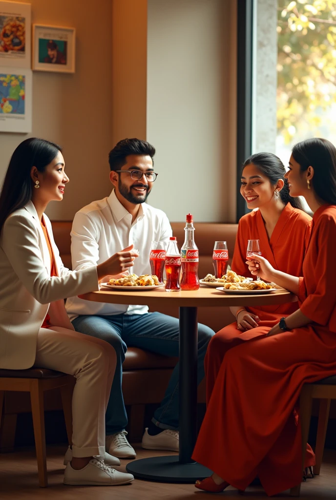 Two mens and two womens meet in a restaurant and eat momos and chili potatoes and drink coca cola, the men is wearing a white shirt and jeans and white shoes and the women is wearing a white Indian suit, only white suit girl wearing spec.