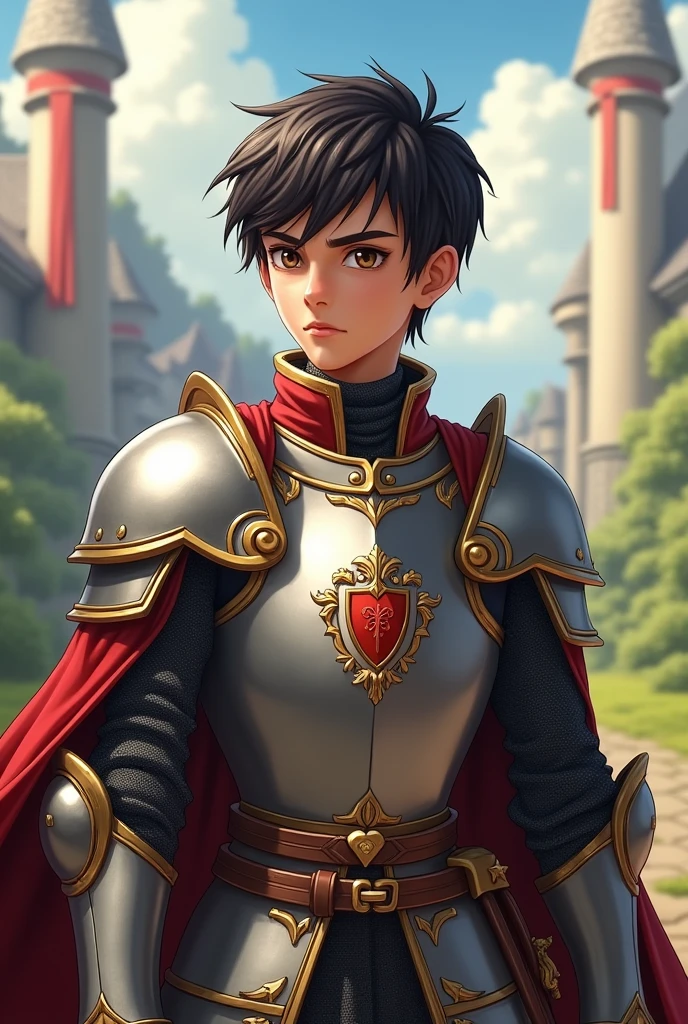  a cute prince with short black hair ready to fight dresssed in a knight suit
