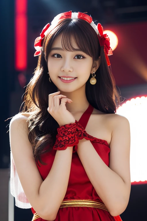 1 girl, (Wearing a bright red idol costume:1.2), A photo book of very beautiful Nogizaka idols,
(Raw photo, highest quality), (realistic, Photoreal:1.4), (masterpiece),
very delicate and beautiful, very detailed, 2k wallpaper, wonderful, finely, Very detailed CG Unity 8k 壁紙, Super detailed, High resolution, soft light,
beautiful detailed girl, very detailed目と顔, beautifully detailed nose, Finely beautiful eyes, cinematic lighting,
(idol concert:1.4), (The background is a stage:1.3),
complete anatomy, slender body, small, smile