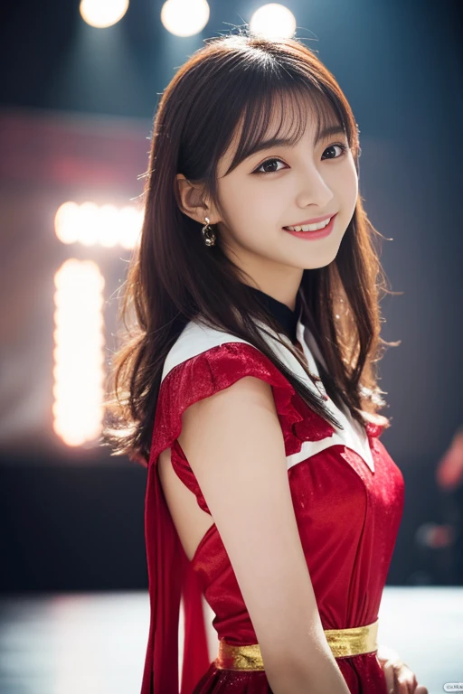 1 girl, (Wearing a bright red idol costume:1.2), A photo book of very beautiful Nogizaka idols,
(Raw photo, highest quality), (realistic, Photoreal:1.4), (masterpiece),
very delicate and beautiful, very detailed, 2k wallpaper, wonderful, finely, Very detailed CG Unity 8k 壁紙, Super detailed, High resolution, soft light,
beautiful detailed girl, very detailed目と顔, beautifully detailed nose, Finely beautiful eyes, cinematic lighting,
(idol concert:1.4), (The background is a stage:1.3),
complete anatomy, slender body, small, smile