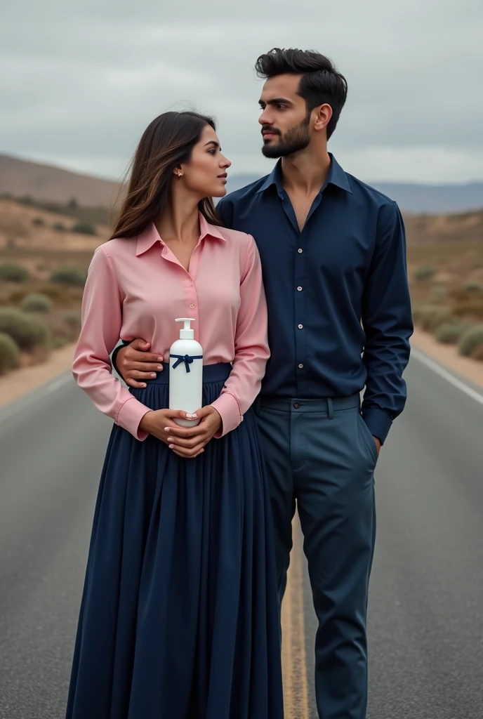 A real life beautiful Lebanese woman on a beautiful long sleeve pink shirt and navy blue long skirt with her blood brother on a navy blue attire and chinos, smiling on a long road alone, holding a large skin care lotion bottle in one hand, staring at a long distance without any body contact, smiling and happy, with a subtle background of stars or a compass, symbolizing their journey together being guided by destiny.
With a caption of: I Write Books on Skincare, Relationship and Destiny.