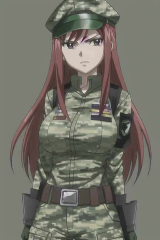 1girl, solo, Erza Scarlet, Fairy Tail, red hair, long hair, looking at viewer, sidelocks, green camouflage military uniform, long sleeves, military bulletproof vest, big breasts, military tactical belt, green camouflage military cargo pants, gloves, green camouflage military peaked cap, green hat, badges, (simple dark background)