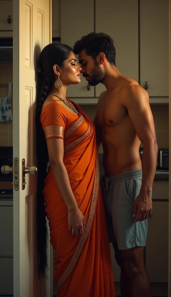 Newly wed indian couple, hot slim curvy white south indian with long single plaited hairstyle, big breag hip, very big ass, thickighs, woman wearing saree pallu down, cleavage, indle, very short indian black man with short haircut, muscular body and big moustache, man wearing shorts, woman with man, couple in house, couple standing near the door and romance, high resolution, couple looking at camera, tall woman and short man, close-up potrait, Closed Mouth, serious face, front full body view, in kitchen, bright lighting, woman pinned on door and man choking woman