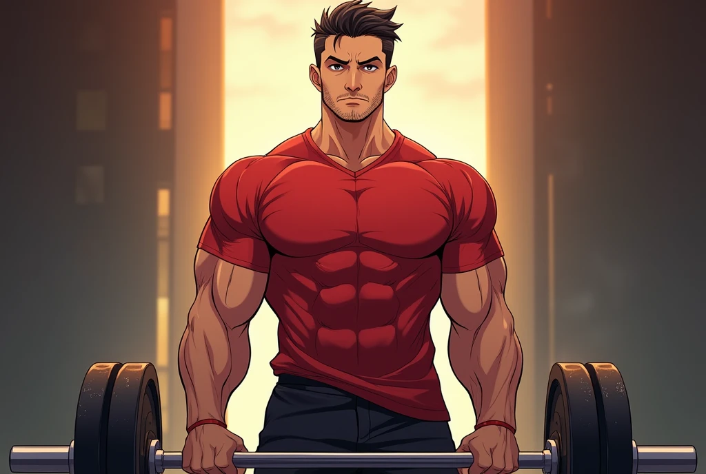 best quality, masterpiece, fill frame, zoomed out, full body, anime style, poster of handsome borneo man, wearing plain red tshirt and black shorts, lifting a barbell, perfect fingers, perfect hands, perfect face, perfection, no background