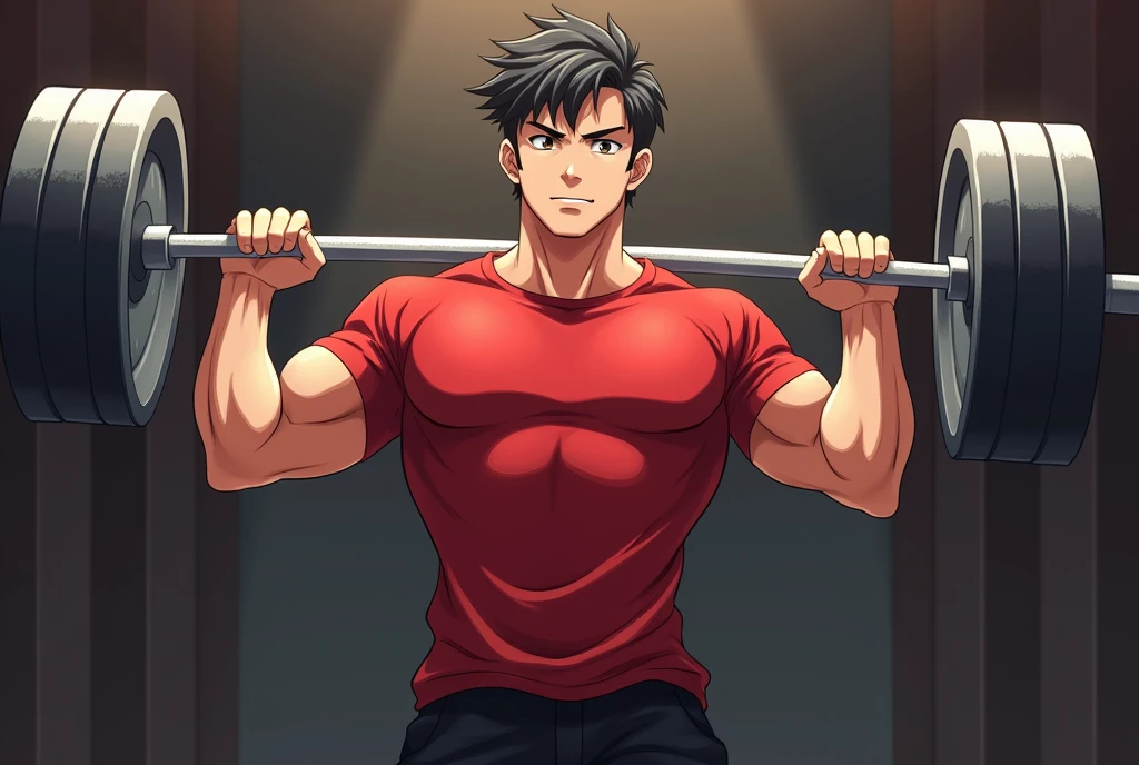 best quality, masterpiece, fill frame, zoomed out, full body, anime style, poster of handsome borneo man, wearing plain red tshirt and black shorts, lifting a barbell, perfect fingers, perfect hands, perfect face, perfection, no background