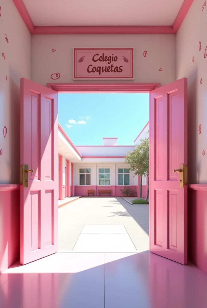 (photorealism:1.2)
In a pink and white classic school hallway, At the end of the hallway there's a pink big school open door that leads to the school inside yard, A sign that reads the words "Colegio Coquetas" is over that door, and many drawings of 💋 can be seen on the walls, outside there are pink school yard benches. It is empty outdoor. There's a stair way that leads to the second floor at left hand inside the hallway. There's no green nature outside, only white and pink painted concrete.
View: Over the shoulder perspective photo,
high resolution, masterpiece, best quality, intricate details, highly detailed, Hiperrealistic