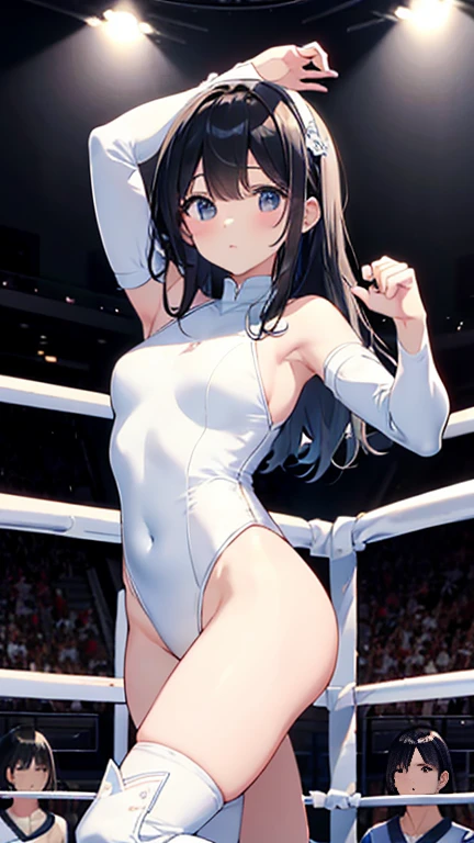 Highest quality、Very delicate and beautiful、I、I、Idol、、Japanese、in addition、Chiquita、Black Hair、Straight hair、hair band、((White leotard))、、Standing in a wrestling ring、Wrestling boots,discovery,Professional wrestling matches,The whole body is displayed from head to toe