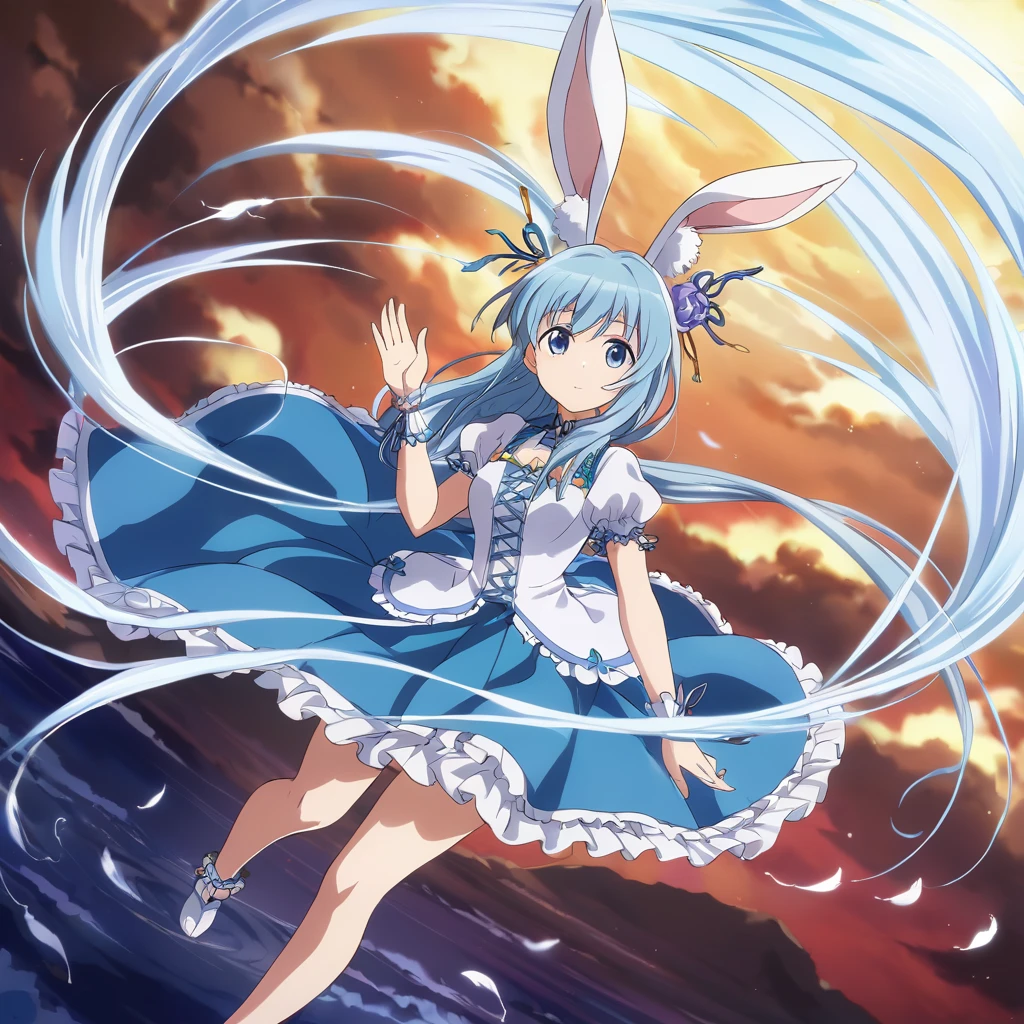 from {above|below|side|behind}, dynamic angle, ultra intricate, ultra detailed, anime artwork {The wind spirit frilly bunny that creates tornadoes appears as if she embodies the power of nature. Her  is as light as the wind, wrapped in transparent feathers. Her long rabbit ears sway in the breeze, as if sensing the flow of the air. When she waves her hand, the surrounding air swirls, and a tornado is born. The tornado dances around her, highlighting her strength and beauty.} . anime style, key visual, vibrant, studio anime, highly detailed, created by japanese anime studio. highly emotional. best quality, high resolution