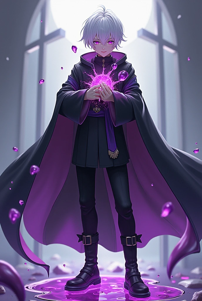 masterpiece、Highest quality、Perfect Face、Detailed face、One person、Game boss character、(A young priest with white hair and purple eyes)、neutral、priest's clothes、Black trousers、boots、No highlights、Look down at the photographer、laugh at、Low ponytail、Manipulating liquid metal、Silver effect background、cross