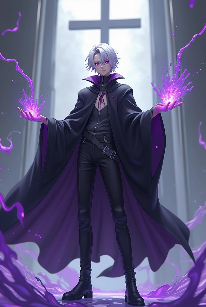 masterpiece、Highest quality、Perfect Face、Detailed face、One person、Game boss character、(A young priest with white hair and purple eyes)、neutral、priest's clothes、Black trousers、boots、No highlights、Look down at the photographer、laugh at、Low ponytail、Manipulating liquid metal、Silver effect background、cross