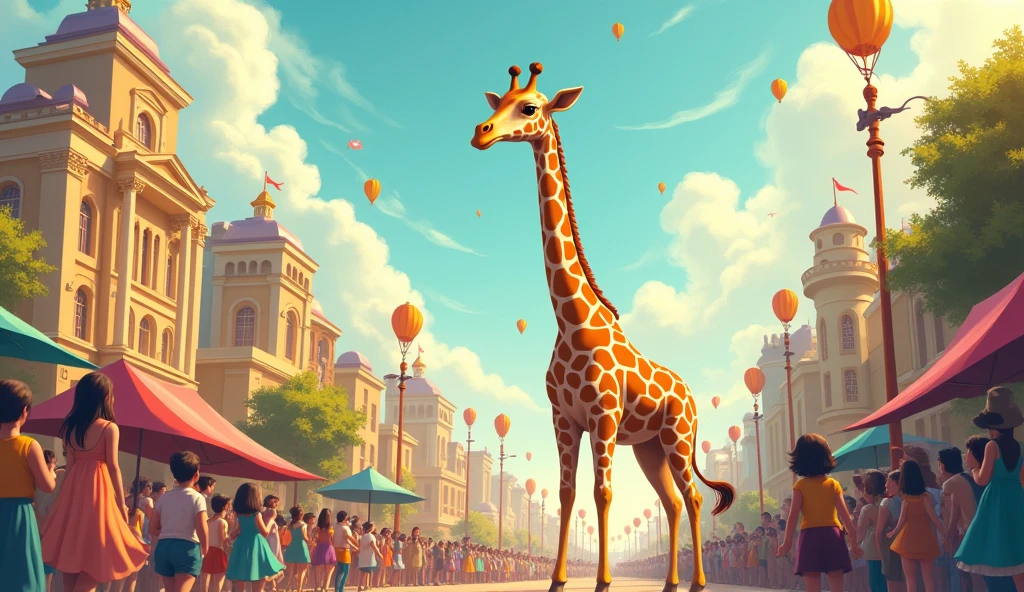 Here comes the giraffe, so tall and slim,
With a neck that stretches up to the rim.
He’s peeking around with a gentle grace,
Join the parade, let’s pick up the pace!