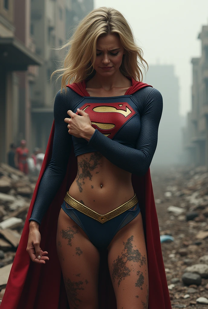 defeated supergirl, injured, grabbing her breast, embarrasing face.