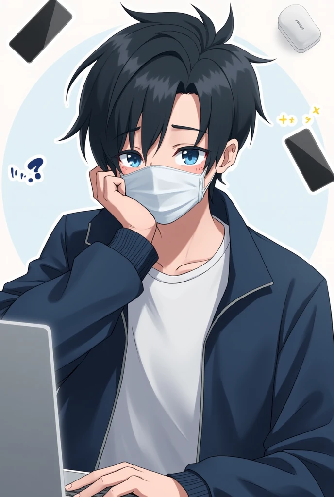 One person,Black Hair, Asymmetrical bangs, Blue Eyes,White T-shirt,Navy blue jacket,Hide your nose with a mask,smartphone,computer,Simple background,cute,Default,Illness,Confused eyes,Distributor,