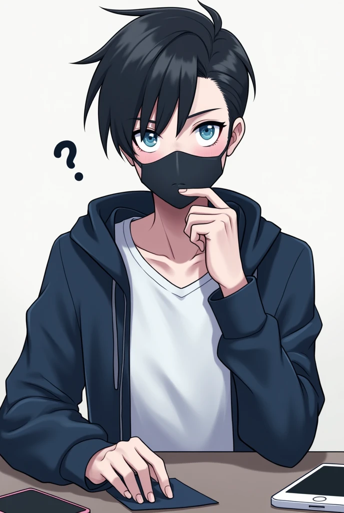 One person,Black Hair, Asymmetrical bangs, Blue Eyes,White T-shirt,Navy blue jacket,Hide your nose with a mask,smartphone,computer,Simple background,cute,Default,Illness,Confused eyes,Distributor,