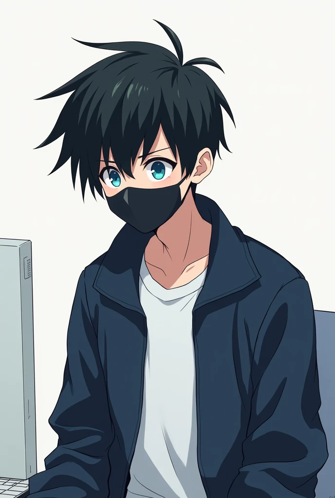 One person,Black Hair, Asymmetrical bangs, Blue Eyes,White T-shirt,Navy blue jacket,Hide your nose with a mask,smartphone,computer,Simple background,cute,Default,Illness,Confused eyes,Distributor,