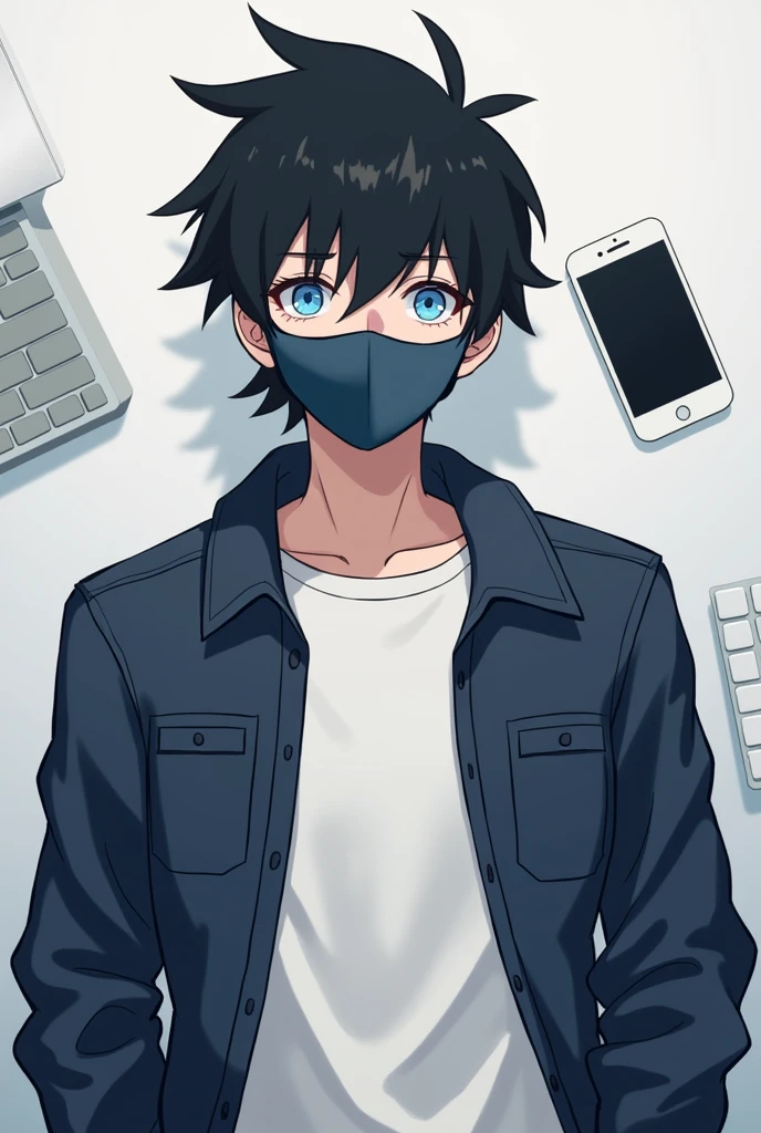One person,Black Hair, Asymmetrical bangs, Blue Eyes,White T-shirt,Navy blue jacket,Hide your nose with a mask,smartphone,computer,Simple background,cute,Default,Illness,Confused eyes,Distributor,