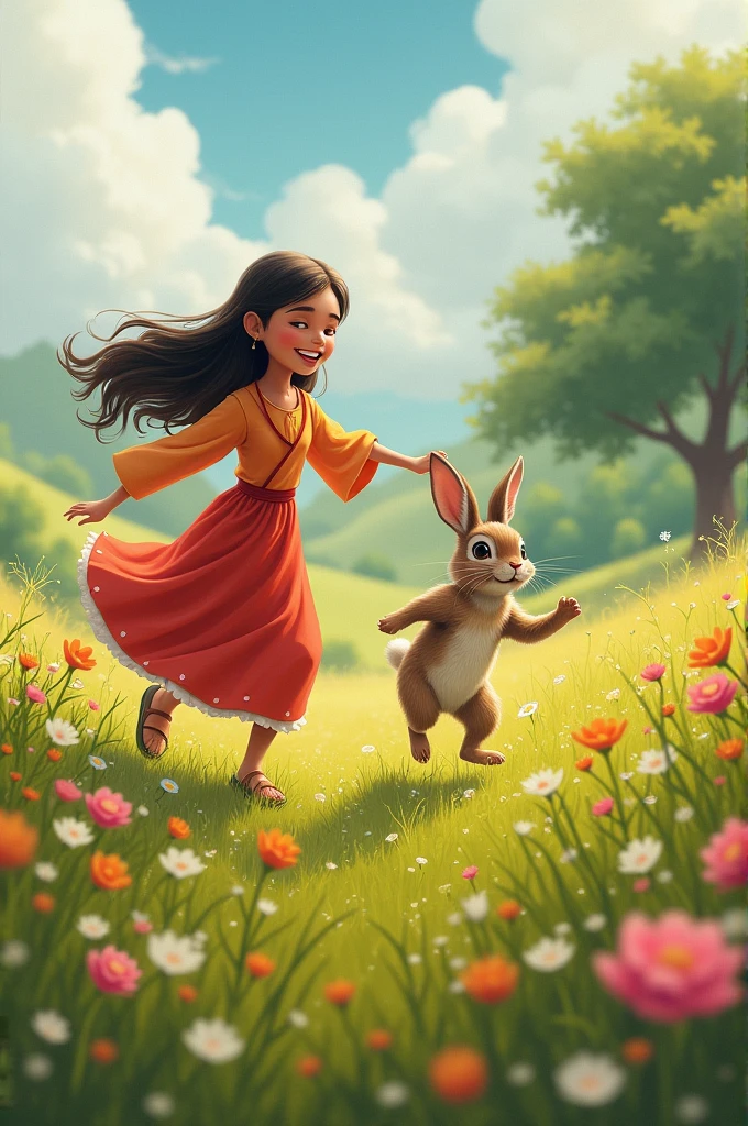Radha and the rabbit playing together every day, running through the fields near her home, surrounded by flowers and greenery. Radha chases the rabbit, both of them full of joy and laughter, enjoying each other's company.