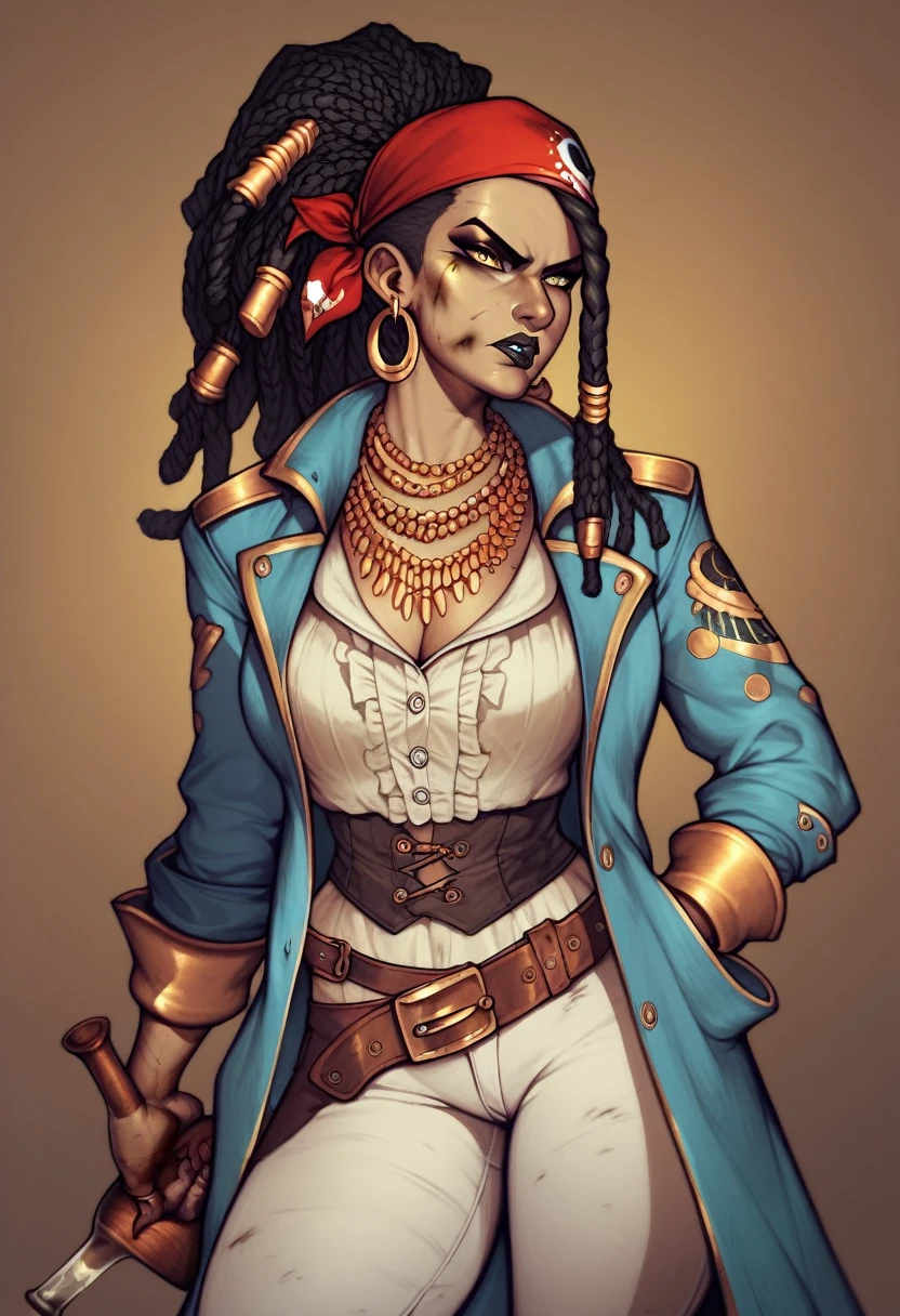 black pirate woman with long dreadlocks tied in a ponytail, black lipstick, bandana, yellow eyes clothes covered in blood, dirty blue coat, white oversize pants, white shirt, serious face, belts all over her body, golden earrings and necklaces, golden septum ring, leaning on a bar table, whiskey glass in her hand, busy background