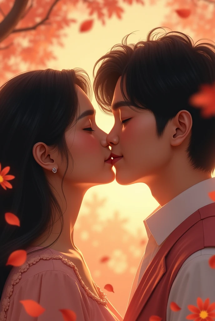Indian girl and Korean boy couple romance kiss