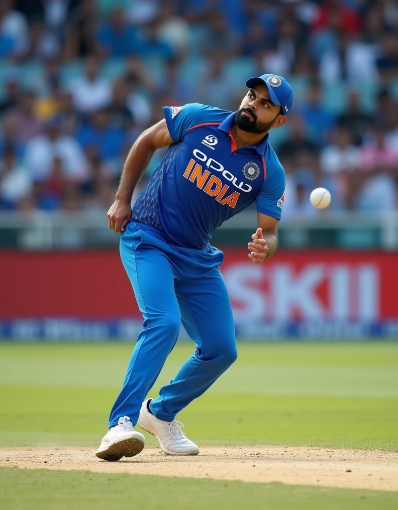 Cricket player Virat Kohli bowling from the side with INDIA written on his blue jersey and white sneakers,drop shadow, anaglyph, stereogram, tachi-e, ass pov, atmospheric perspective, 8k, super detail, best quality