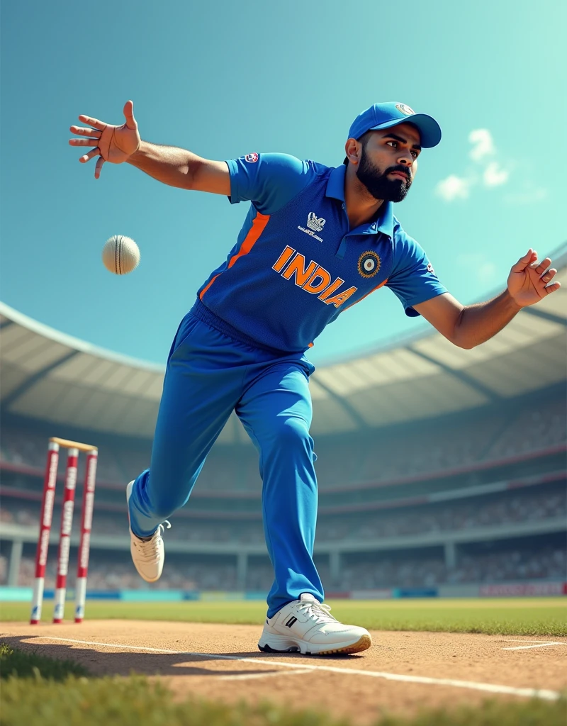 Cricket player Virat Kohli bowling from the side with INDIA written on his blue jersey and white sneakers，drop shadow, anaglyph, stereogram, tachi-e, ass pov, atmospheric perspective, 8k, super detail, best quality