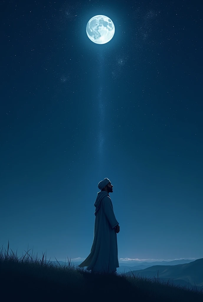 a muslim adult man wearing arabic dress standing hill and see Night shiny sparkle Stars and Galaxy in Clear moon