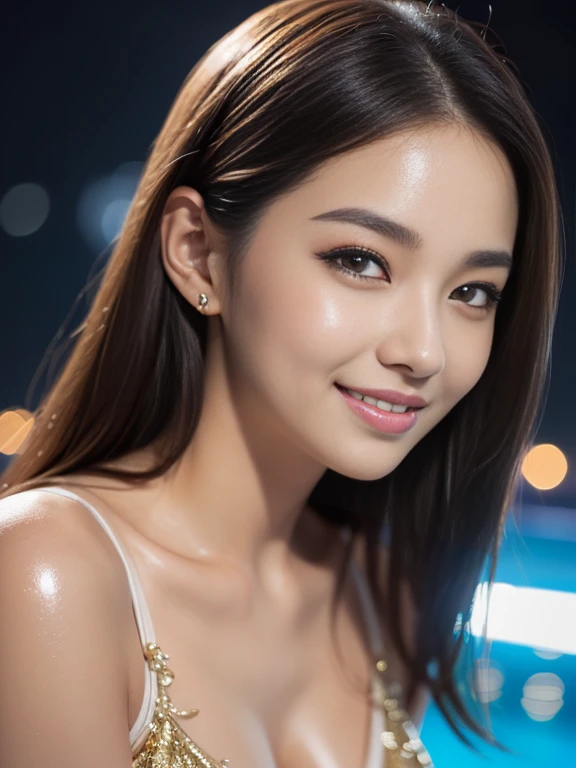 Latex bodysuit、Knee-high boots、Huge 、Long brown hair、Shiny, Oily skin、Glowing Skin、Indoor competition pool、White skin、 Body Portrait, 8k, Narrow and beautiful eyes, Dindal effect, masterpiece, 最high quality, high quality, High resolution, Very detailed photos, (Natural skin texture, Fine skin, Hyperrealism, Ultra Sharpness) , Skin with attention to detail, (Very fine, Fine skin texture, Intricate details, Beautiful Face, (A vivid face), Realistic eyes, Beautiful and detailed, Realistic Skin, Beautiful Skin, surreal, Very detailed, Golden Ratio, Smiling Eyes, ((Night moonlight background)), Body Portrait, glamorous, Shiny Bodysuit