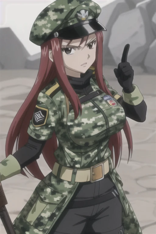 1girl, solo, Erza Scarlet, Fairy Tail, red hair, long hair, looking at viewer, sidelocks, green camouflage military uniform, long sleeves, military bulletproof vest, big breasts, military tactical belt, green camouflage military cargo pants, gloves, green camouflage military peaked cap, green hat, badges, (simple black background)