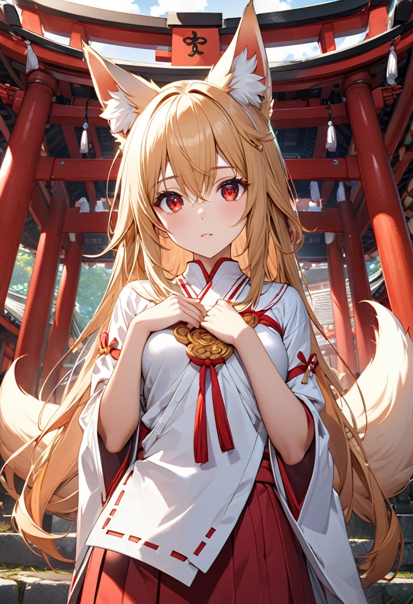  Long  hair, (red eyes:1.5),  animal ears, tail, GOLD hair,, Fox  ears, Fox  tail、The tip of the tail is white、straight hair, (small breast:1.2), shrine、Scarlet hakama、Miko costume、BREAK looking at viewer, BREAK outside, BREAK (masterpiece:1.2), best quality, high resolution, unity 8k wallpaper, (illustration:0.8), (beautiful detailed eyes:1.6), extremely detailed face, perfect lighting, extremely detailed CG, (perfect hands, perfect anatomy),
