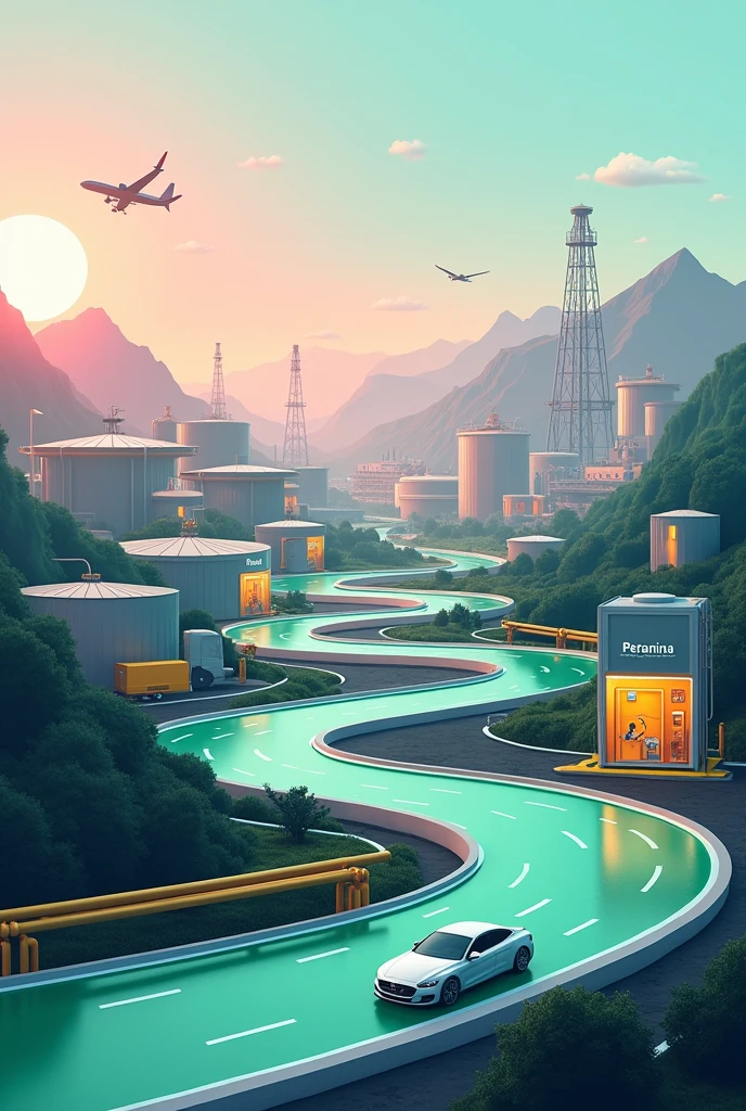 This image has a background of mountains and a sky in a gradient color between pink and blue., gives a futuristic impression.
Green landscape with winding road in the foreground, where various industrial elements are placed.
At the top left, there are several large storage tanks placed on top of the hill, where there is a logo indicating that this is a fuel storage facility.
There were also several orange and green tank trucks driving down the road, shows the distribution of fuel to various locations.
Fuel Filling Station:
On the right side of the image, seen a fuel filling station with the Pertamina brand. There are two fuel pumps ready to serve vehicles..
Several large yellow pipes run across the bottom of the image., indicates the fuel or gas distribution network.
There is a modern white car in the middle of the picture., moving on a winding road, demonstrates modernity and speed in service.
At the bottom right, There is an illustration of three scientists or technicians working in a laboratory.. They appear to be testing materials or doing research., which demonstrates a focus on innovation and product development.
In the background, visible oil drilling platforms and tankers that may be used to transport fuel at sea. This structure reflects activities in the upstream sector of the energy industry..
