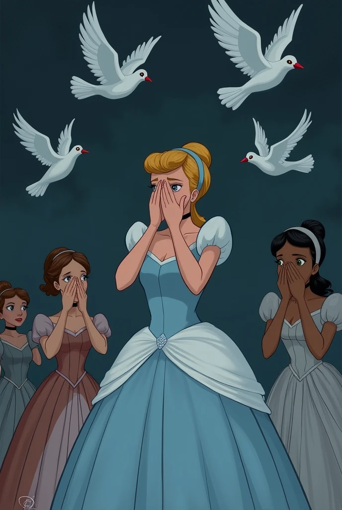 The aftermath of the wedding where Cinderella’s stepsisters stand in the background, covering their eyes in sorrow, while white doves fly away into the sky. The scene is somber, with a sense of justice served without being overly graphic