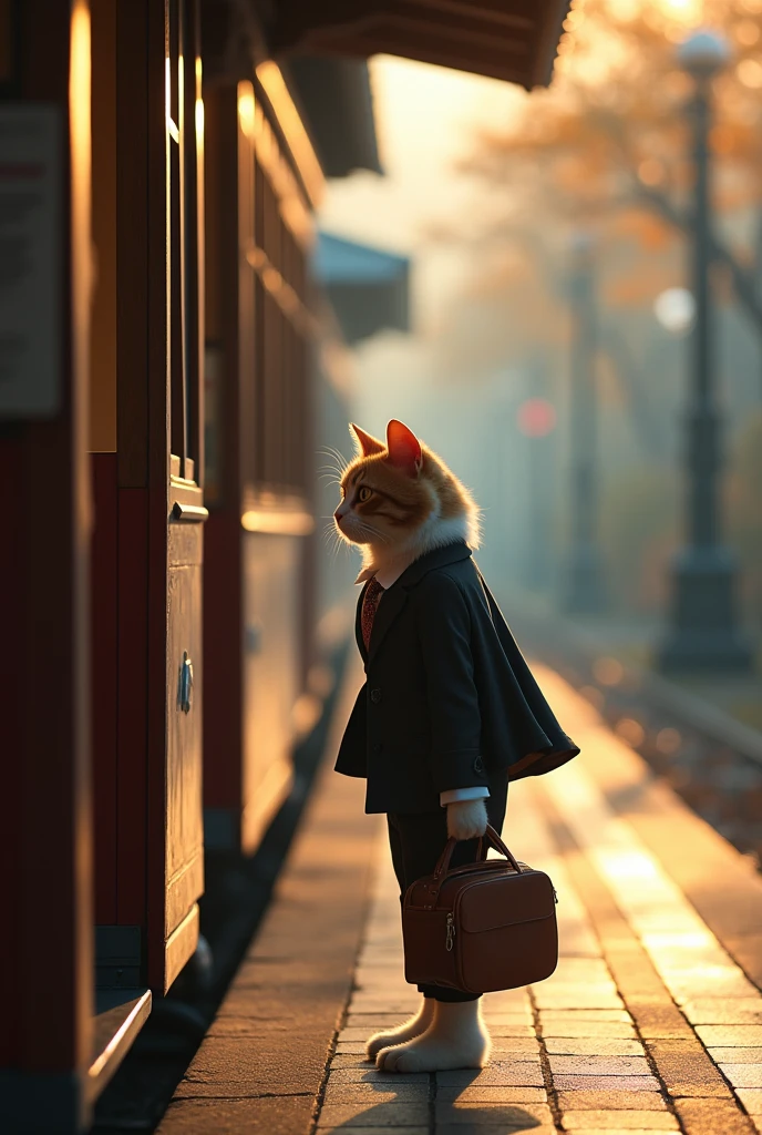35mm lens,Multiple Angles,~ side,silhouette,Overhead Shot,Cat,Are standing,doll,Carrying a small school bag,Tram,Hokkaido,Autumn Station,Wooden house,platform, Cape,Nguyen Gia,suit,tie, (Delicate face), (High-quality fluffy fur),(35mm cinema lenses),(Multi-angle shooting),(Wide range of angles)