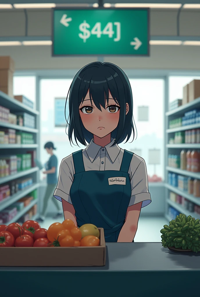 Cashier supermarket anime girl full of despresion