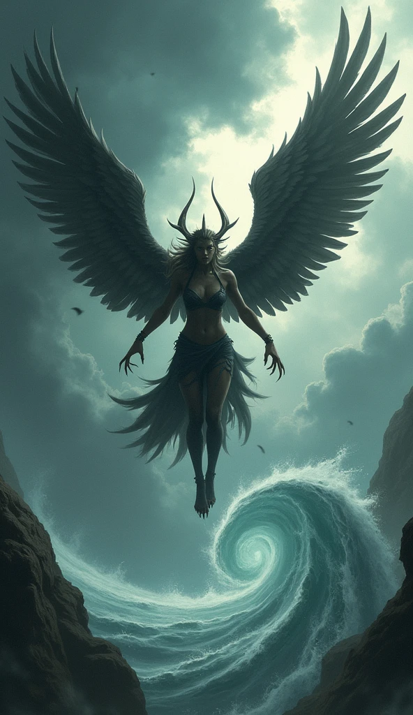 *A fierce, bird-like woman with powerful wings and talons descends from the stormy skies at the top of the frame. Garuda, the harbinger of the wind, conjures a powerful cyclone that spirals downward as she readies Aerial Blast, a devastating wind attack that tears through everything in its path.*